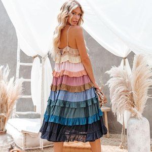 VICI AUTUMN TONES RUFFLE TIERED MIDI DRESS